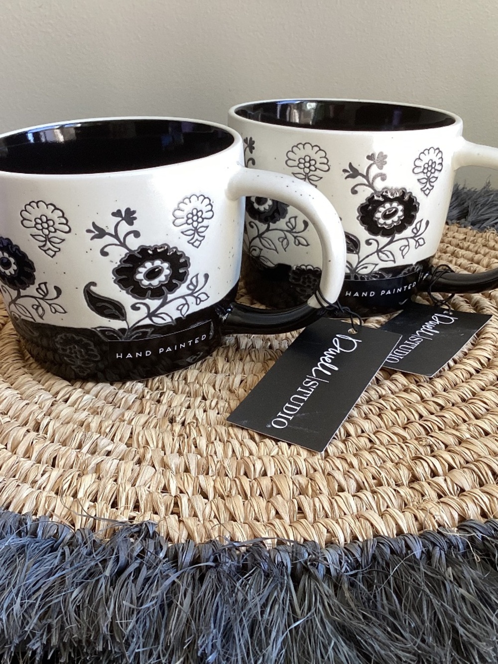 NWT Set of 2 Hand Painted Dwell Studio Black n White Floral Coffee Mugs